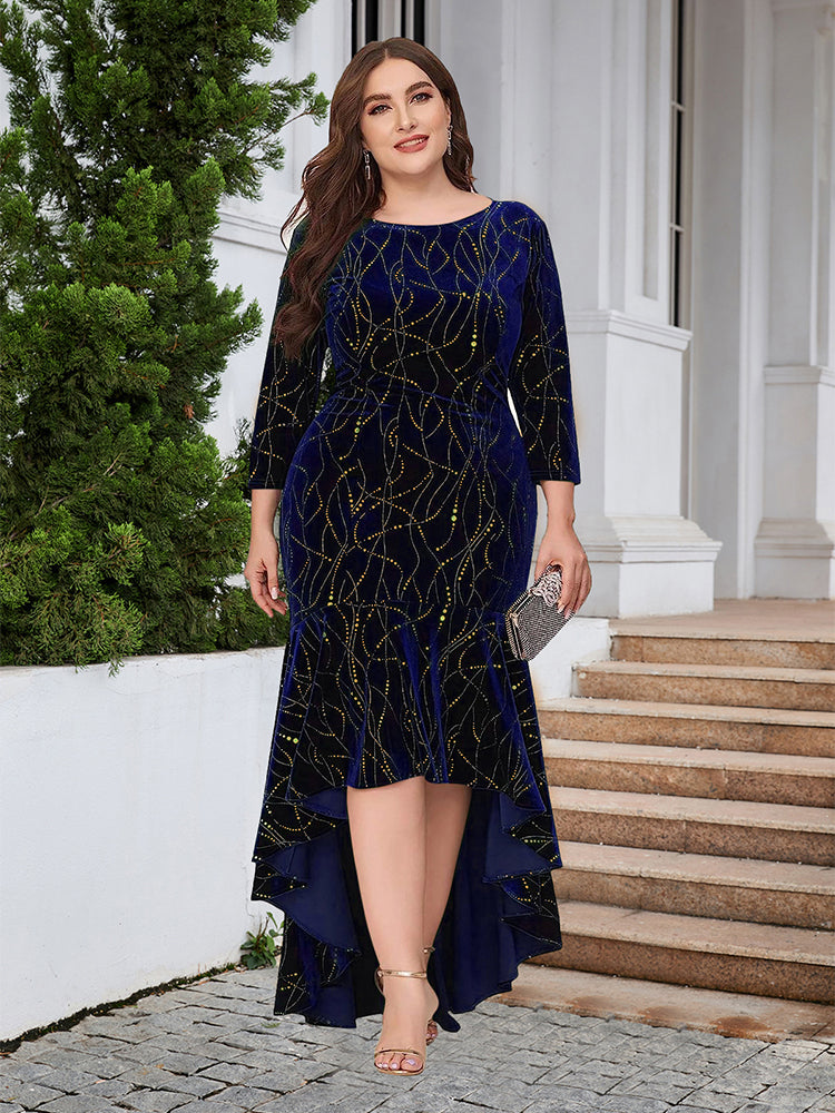 Round Neck Ruffled Hem Velvet Dress