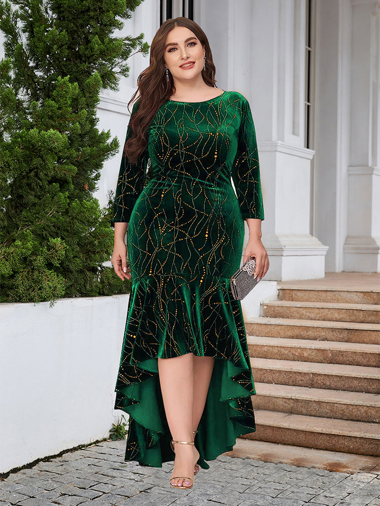 Round Neck Ruffled Hem Velvet Dress