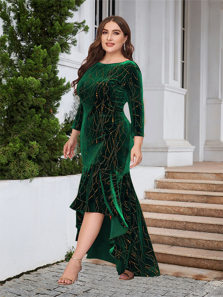 Round Neck Ruffled Hem Velvet Dress