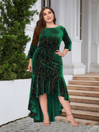 Round Neck Ruffled Hem Velvet Dress