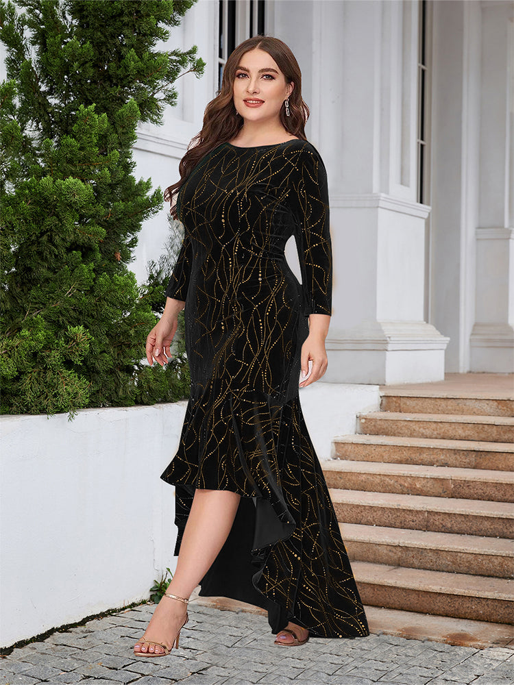 Round Neck Ruffled Hem Velvet Dress