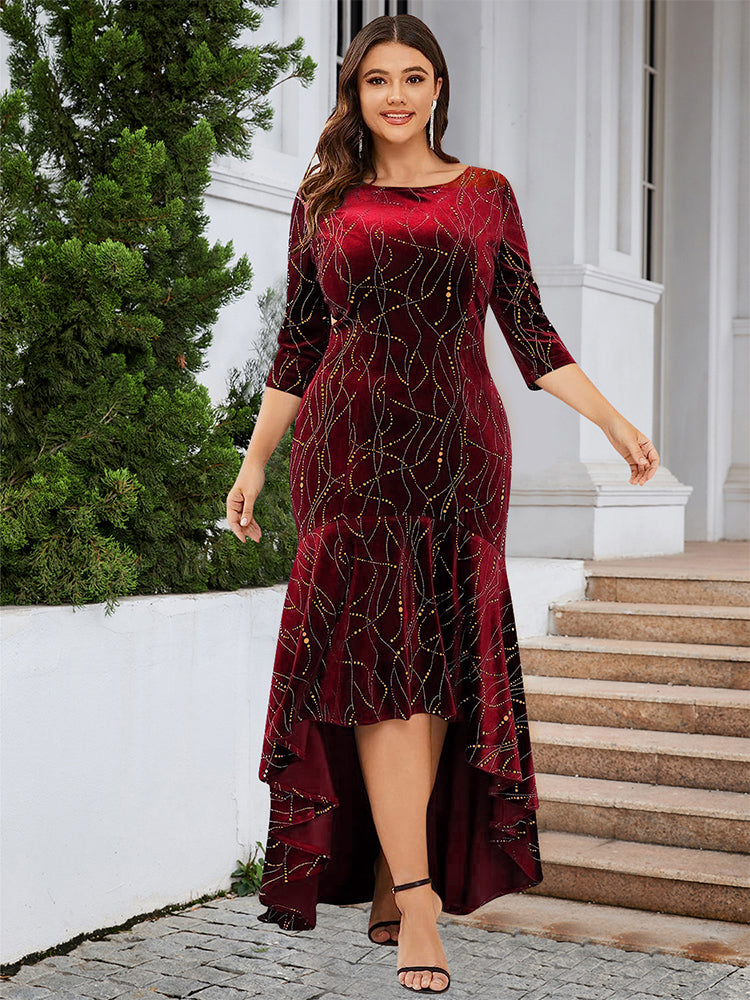 Round Neck Ruffled Hem Velvet Dress