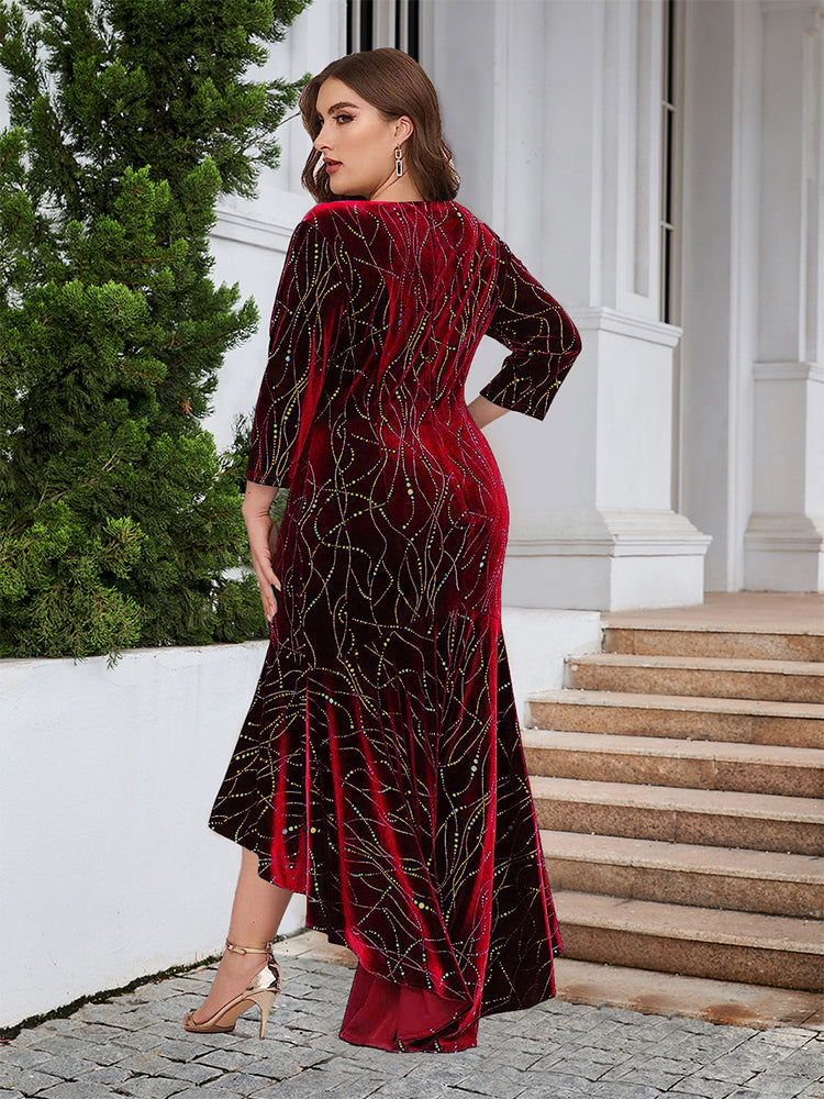 Round Neck Ruffled Hem Velvet Dress