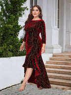 Round Neck Ruffled Hem Velvet Dress