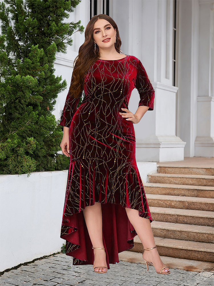 Round Neck Ruffled Hem Velvet Dress