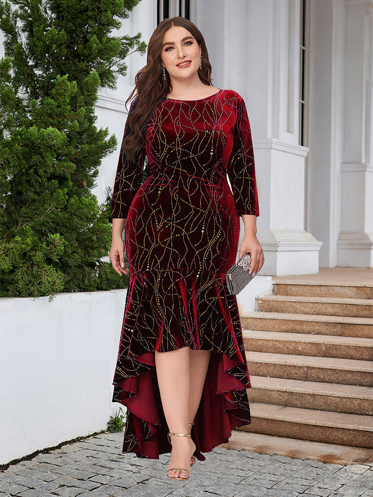 Round Neck Ruffled Hem Velvet Dress