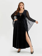 Halloween Contrast Mesh Batwing Sleeve Velvet Split Maxi Dress