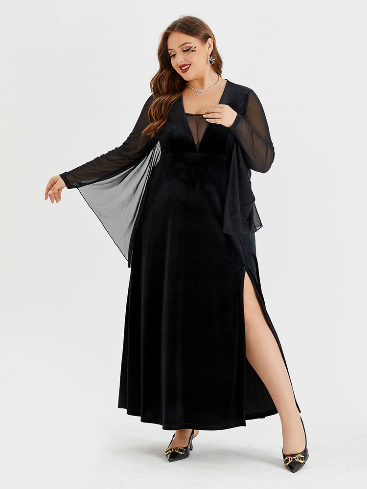 Halloween Contrast Mesh Batwing Sleeve Velvet Split Maxi Dress