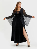 Halloween Contrast Mesh Batwing Sleeve Velvet Split Maxi Dress