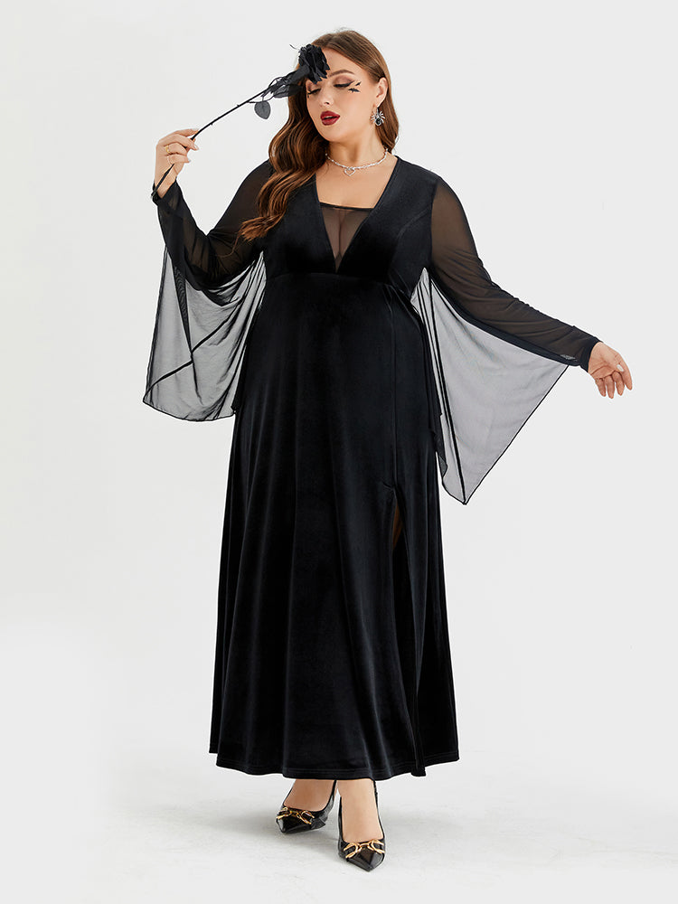 Halloween Contrast Mesh Batwing Sleeve Velvet Split Maxi Dress