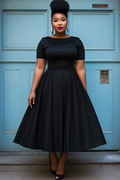 Xpluswear Design Plus Size Semi Formal Black Round Neck Short Sleeve Midi Dresses