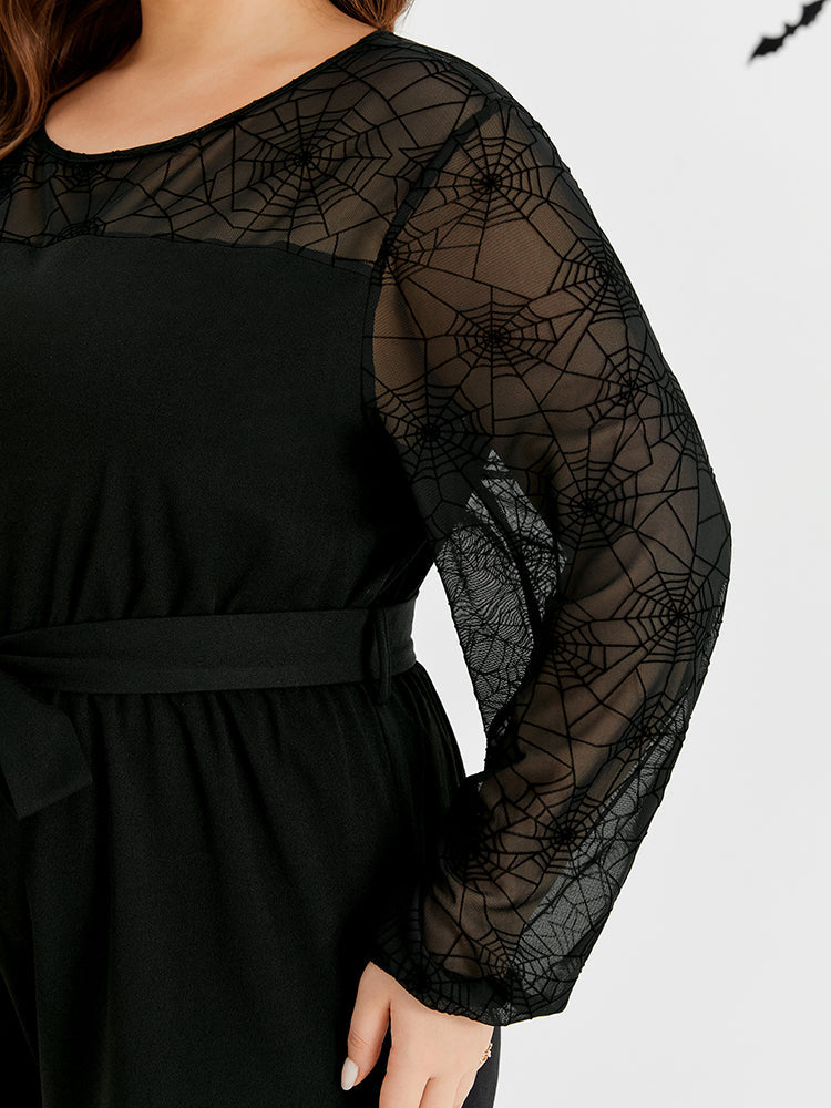 VIP Halloween Spider Web Print Belted Jumpsuit