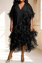Xpluswear Design Plus Size Cocktail Party Black V Neck Short Sleeve Ruffle Tiered Chiffon Midi Dresses
