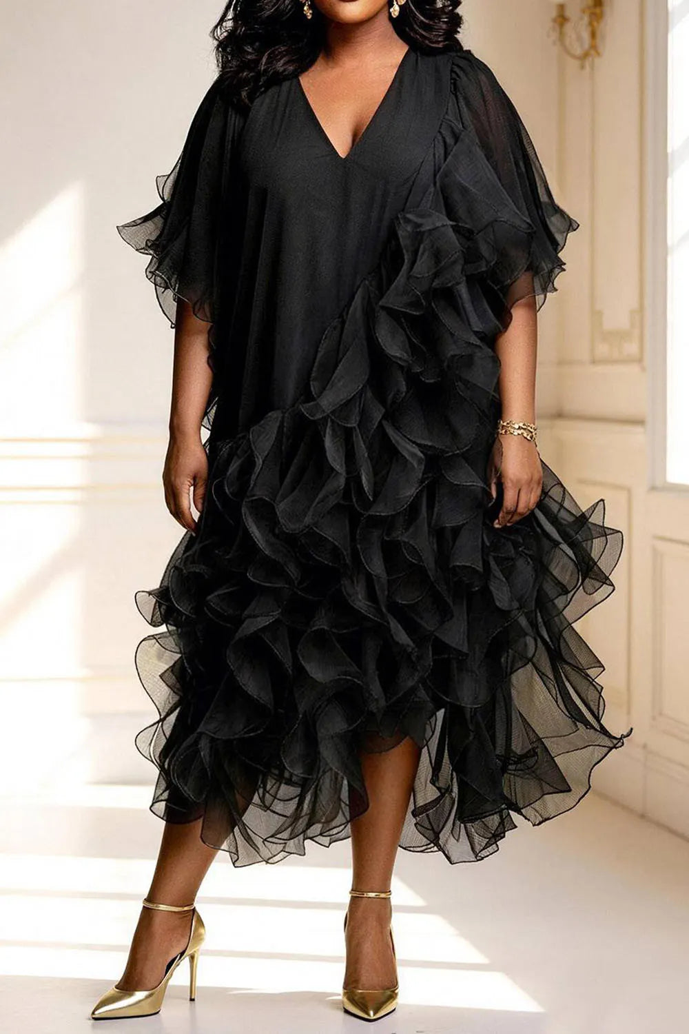 Xpluswear Design Plus Size Cocktail Party Black V Neck Short Sleeve Ruffle Tiered Chiffon Midi Dresses