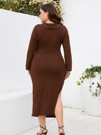 Plus Crisscross Ruched Slit Party Midi Dress