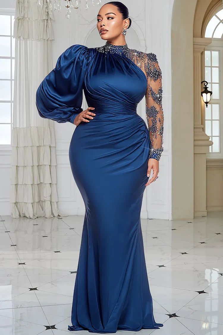 Xpluswear Design Plus Size Formal Blue Mock Neck Lantern Sleeve Long Sleeve Drilling Elegant See Through Tulle Satin Maxi Dresses