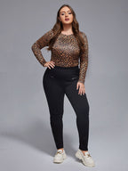 VIP Plus Leopard Print Round Neck Long Sleeve Blouses