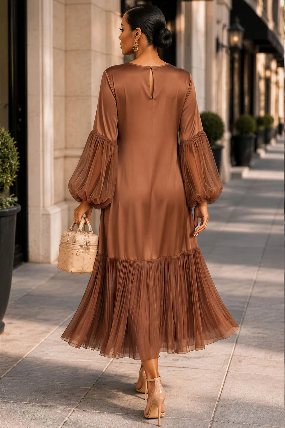Xpluswear Design Plus Size Business Casual Chiffon Brown Round Neck Lantern Sleeve Long Sleeve Pleated Contrast Satin Maxi Dresses