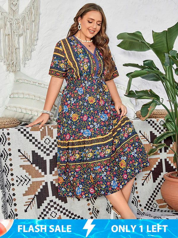 Plus Blue Floral hollow out Tie Front Maxi Dress