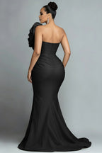Xpluswear Design Plus Size Formal Sage Green Asymmetrical Collar One Shoulder Asymmetric Hem Irregular Hem Ruffle Satin Maxi Dresses
