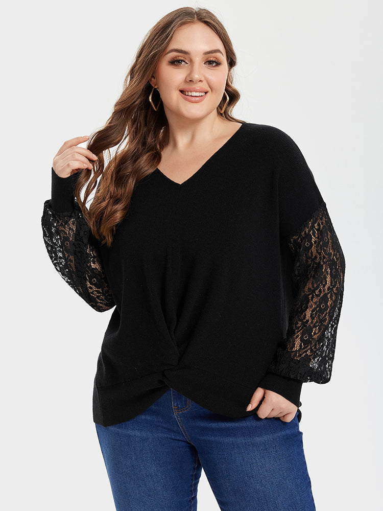 VIP V-Neck Contrast Lace Sleeve Twist Tee