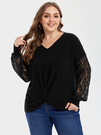 VIP V-Neck Contrast Lace Sleeve Twist Tee