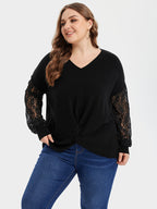 VIP V-Neck Contrast Lace Sleeve Twist Tee