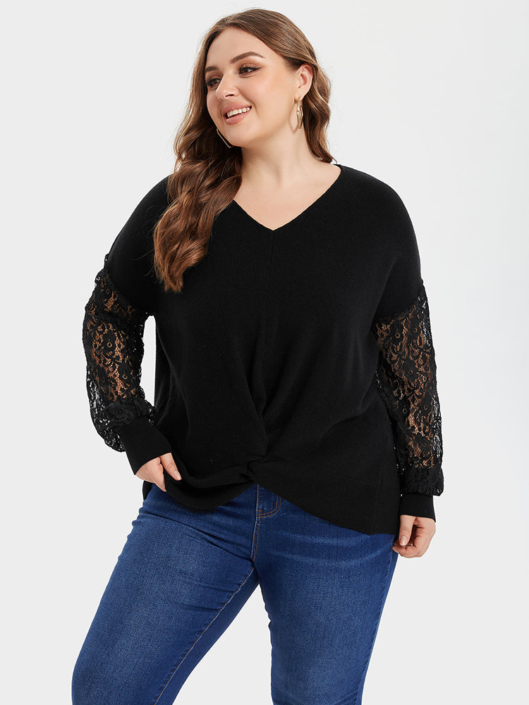 VIP V-Neck Contrast Lace Sleeve Twist Tee