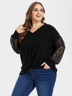 VIP V-Neck Contrast Lace Sleeve Twist Tee