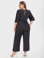 Square Neck Puff Sleeve Belted Glitter Jumpsuit