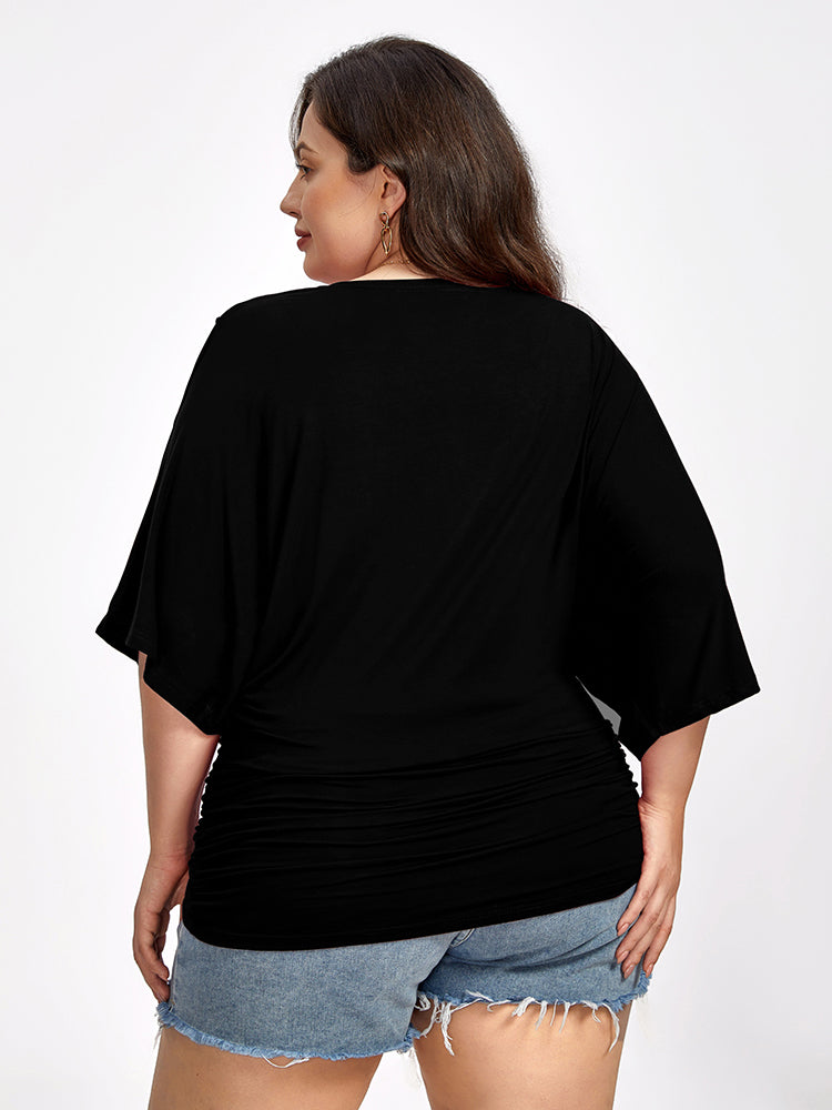VIP Plus Plain Crisscross V Neck Ruched Hem Tee