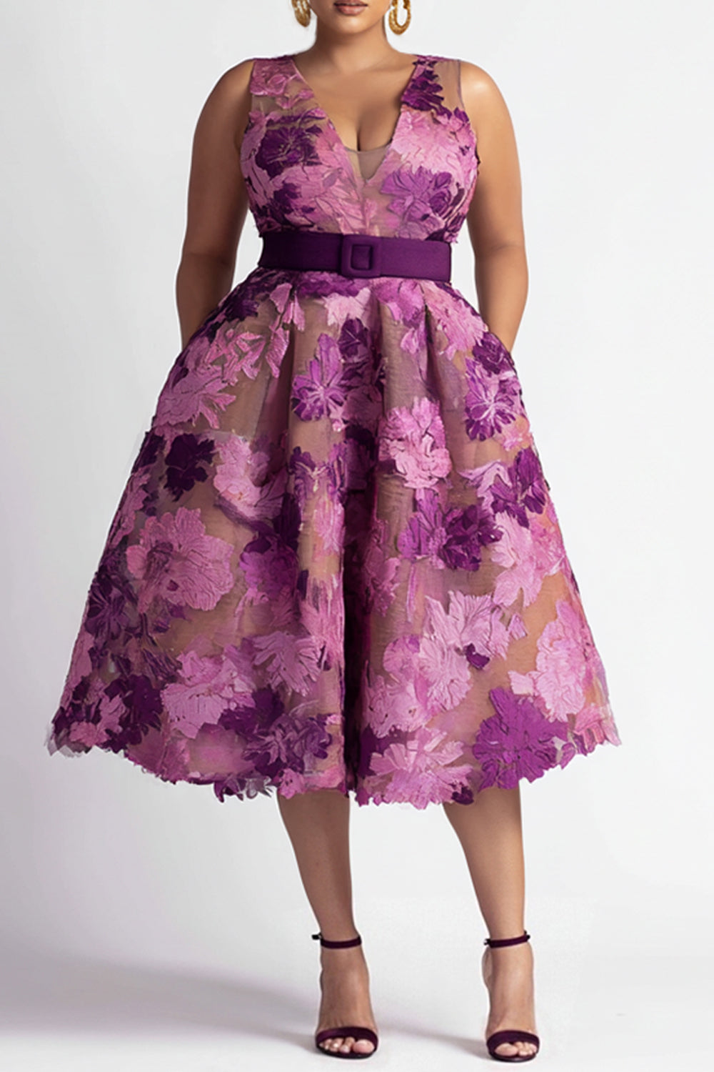 Xpluswear Design Plus Size Cocktail Party Purple Floral V Neck Pocket Midi Dresses