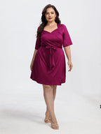 VIP Plus Crisscross Ruched Belted Half Sleeve Party Dress