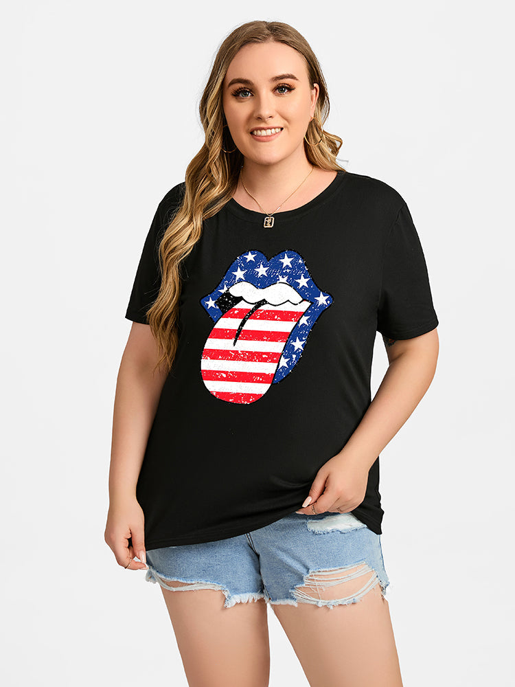 Plus Black Color Tongue Print Round Neck Graphic Tee