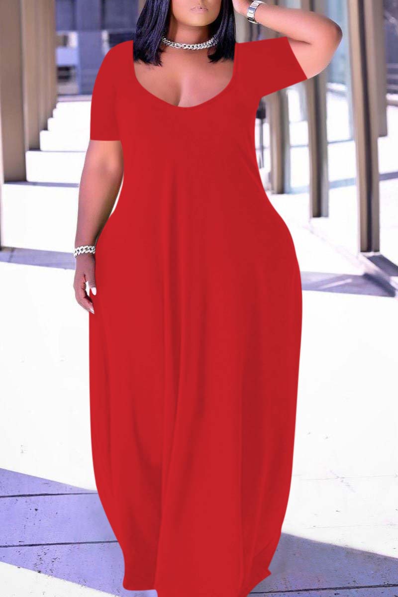 Xpluswear Plus Size Casual Burgundy Short Sleeves Solid Cocoon Summer Sun Maxi Dress