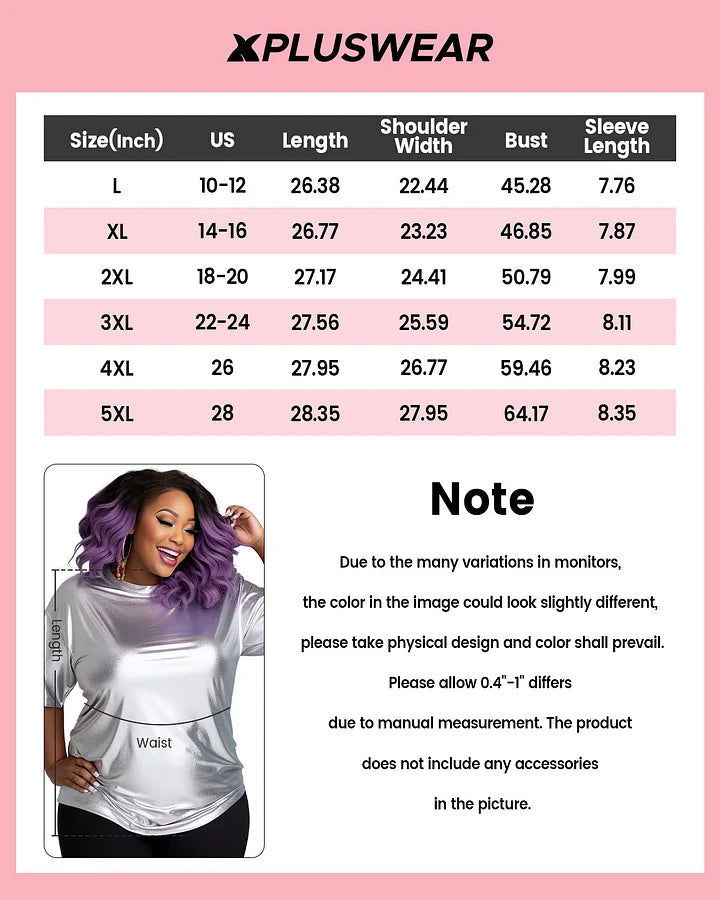 Xpluswear Design Plus Size Party Casual Silver Spring Summer Round Neck Short Sleeve Metallic T-Shirts
