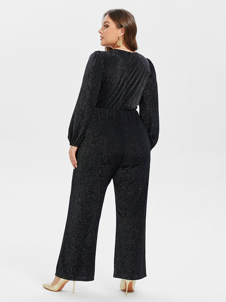 VIP V-Neck Pocket Ruffle Glitter Jumpsuit