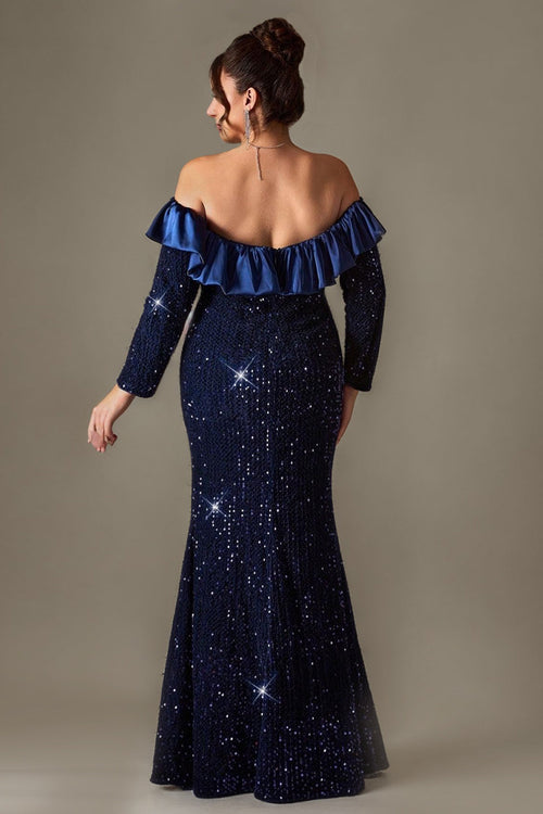 Curveins Plus Size Off-Shoulder Sparkling Sequin Fitted Mermaid Maxi Dress