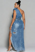 Xpluswear Design Plus Size Party Blue One Shoulder 3D Distressed Denim Two Pieces Skirt Sets