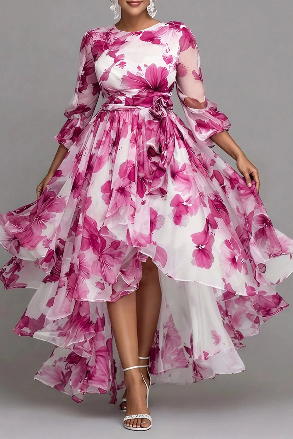 Xpluswear Design Plus Size Wedding Guest Purple Floral Round Neck 3/4 Sleeve Asymmetric Hem Irregular Hem See Through Organza Midi Dresses