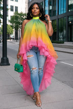 Xpluswear Design Plus Size Vacation Rainbow Gradient Halter Collar Asymmetric Hem Irregular Hem Ruffle Chiffon Blouses