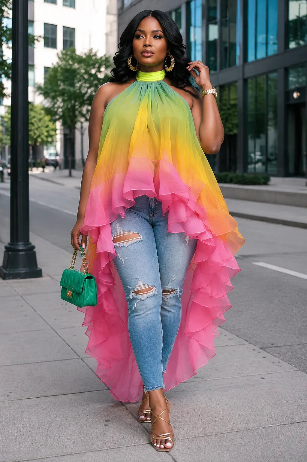 Xpluswear Design Plus Size Vacation Rainbow Gradient Halter Collar Asymmetric Hem Irregular Hem Ruffle Chiffon Blouses