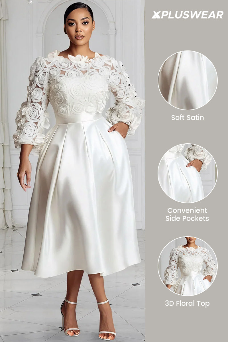 Xpluswear Design Plus Size Wedding White Round Neck 3/4 Sleeve 3D Elegant Pocket Satin Midi Dresses