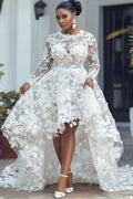 Xpluswear Design Plus Size Wedding White Round Neck Long Sleeve See Through High Low Hem Guipure Lace Midi Dresses