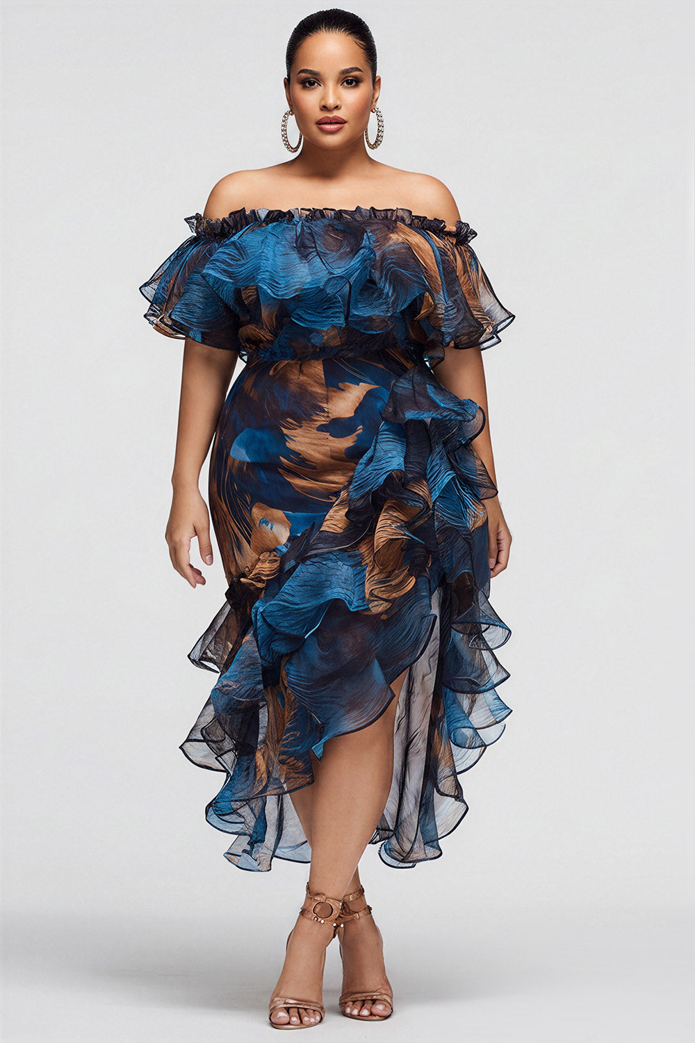 Xpluswear Design Plus Size Cocktail Party Blue Graphic Off The Shoulder Ruffle Tiered Chiffon Midi Dresses
