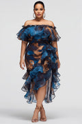 Xpluswear Design Plus Size Cocktail Party Blue Graphic Off The Shoulder Ruffle Tiered Chiffon Midi Dresses