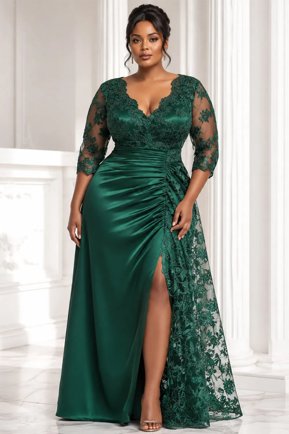Xpluswear Design Plus Size Formal Satin Emerald Green V Neck 3/4 Sleeve Split Contrast Lace Maxi Dresses