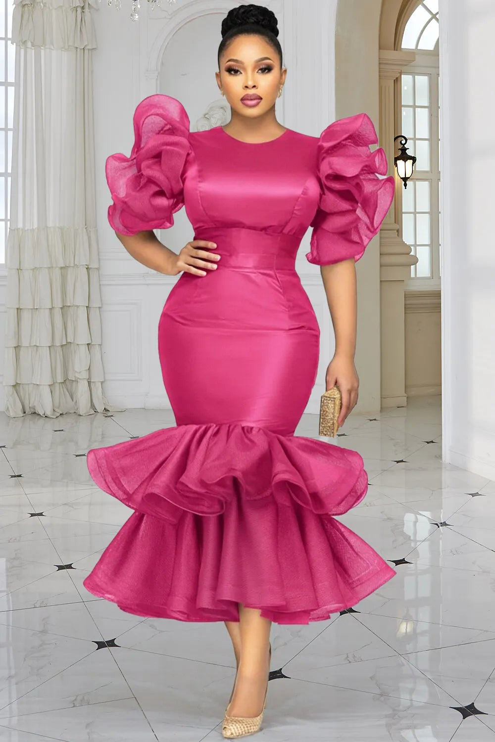 Xpluswear Design Plus Size Wedding Guest Tulle Hot Pink Round Neck Short Sleeve Ruffle Tiered Satin Midi Dresses