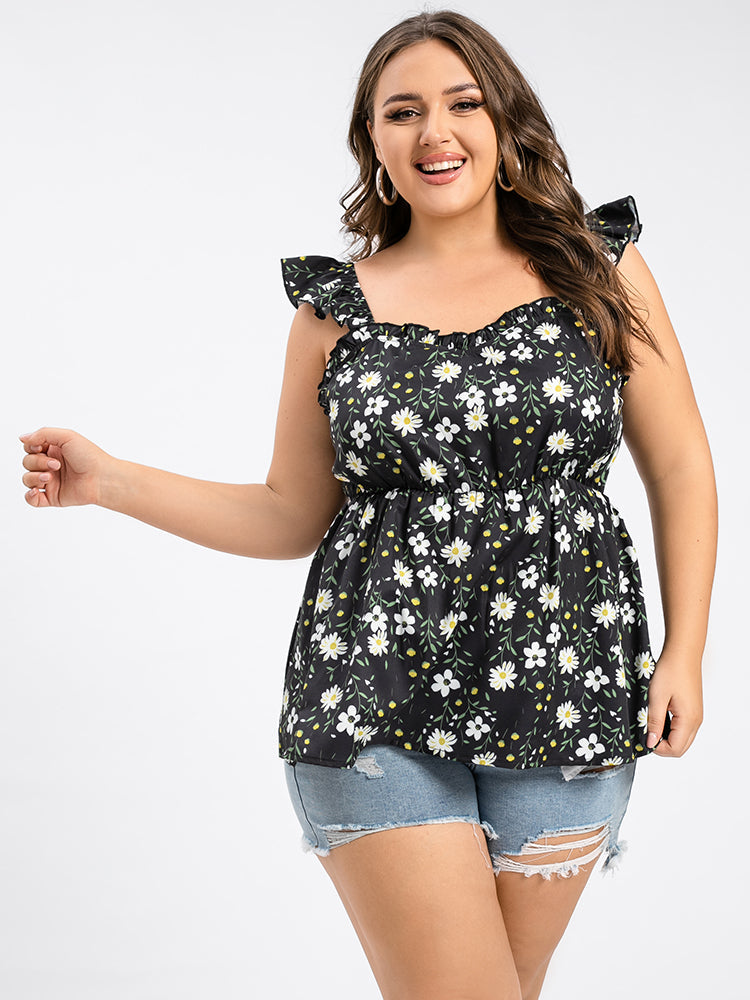 VIP Plus Floral Print Ruffle Trim Cami Blouse