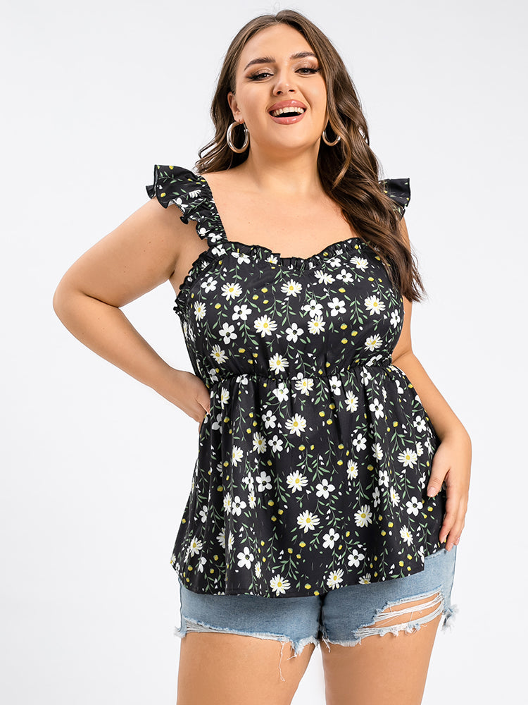 VIP Plus Floral Print Ruffle Trim Cami Blouse